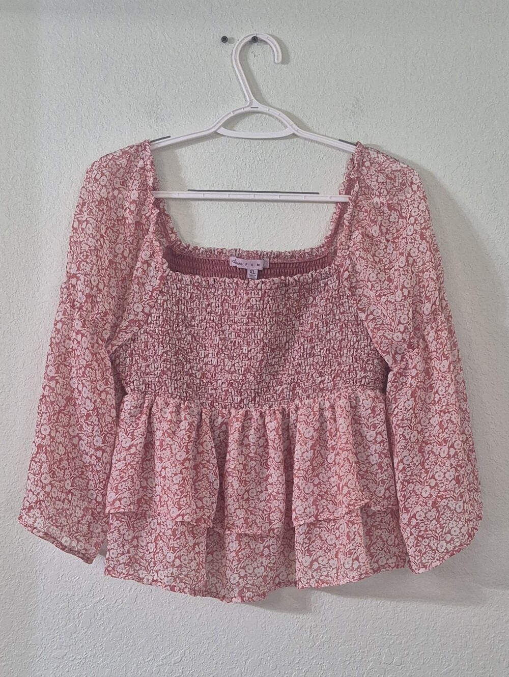 Smocked Square-Neck Floral Peplum Blouse in Rust Red